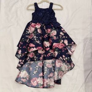 Bonnie Jean Navy and Pink Floral Sequin Bodice High-Low Dress